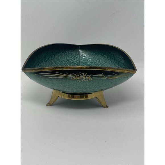 Vintage MCM Oppenheim Teal Green Enamel Triangular Footed Bowl Gold Brass Israel - Picture 1 of 9